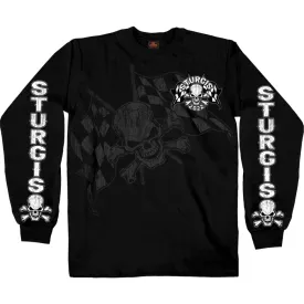 2022 Sturgis Motorcycle Rally SPB2009 Men's Black Skull And Checkered Flag Long Sleeve