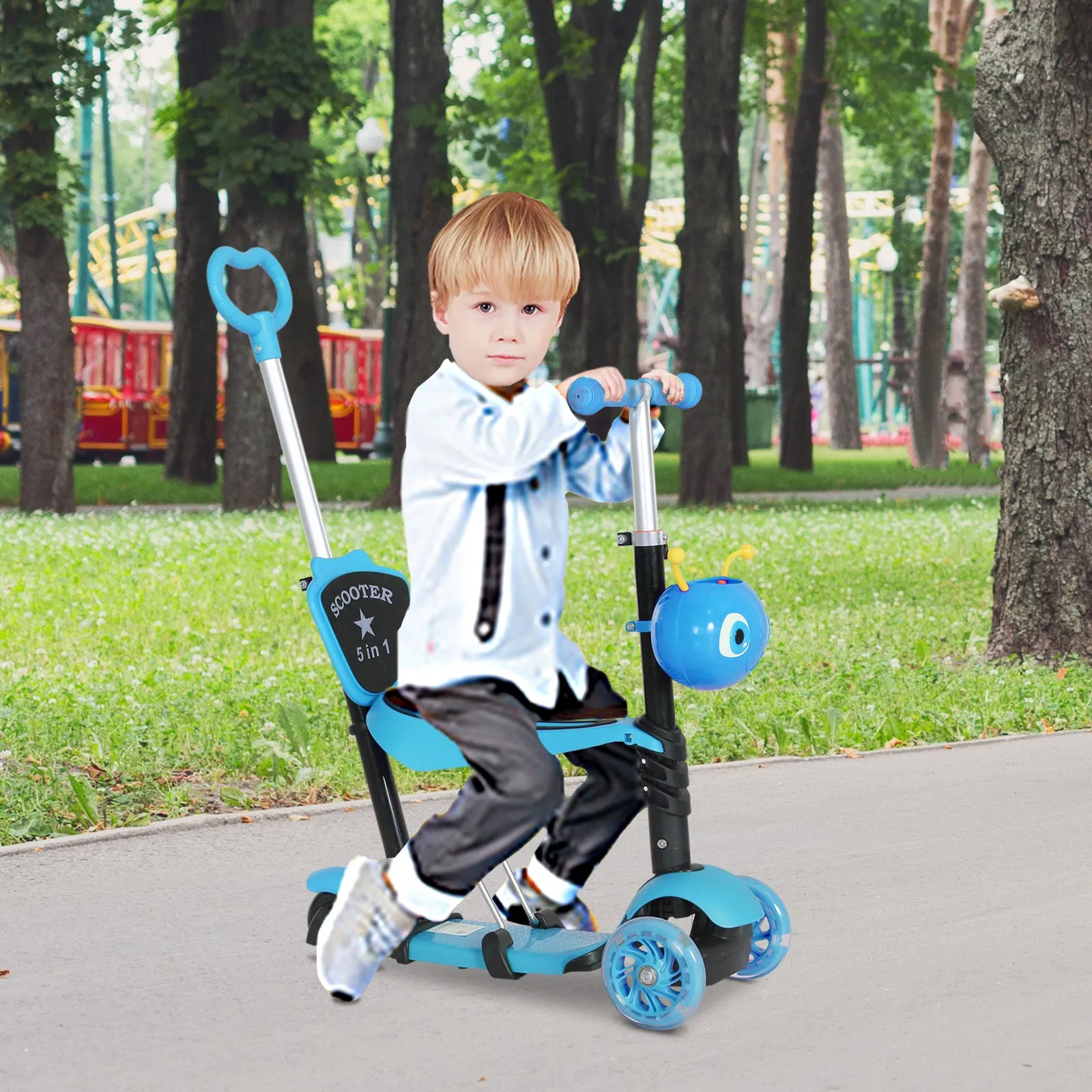 5-in-1 Kids Toddler 3 Wheels Mini Kick Scooter Push Walker with Removable Seat & Back Rest for Girls and Boys Blue