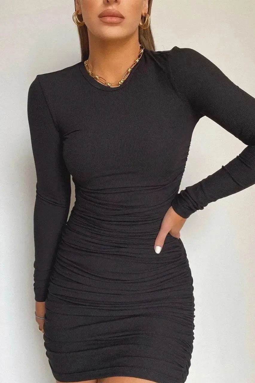 Autumn Winter Solid Long Sleeve Mini Bodycon Dress