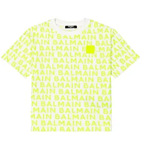 Balmain Kids All-Over Printed Logo White/Neon T-Shirt