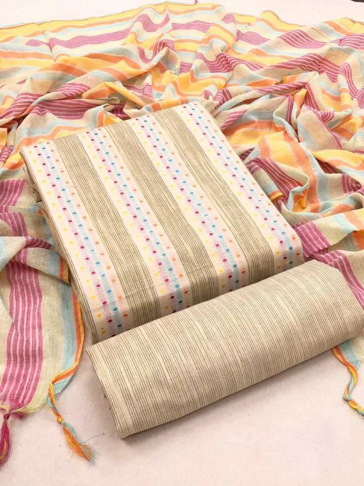 Beige Pure Handloom Cotton Unstitched Dress Material