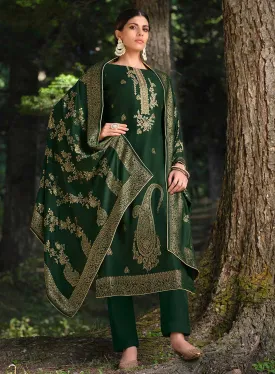 Belliza Green Pashmina Jacquard Unstitched Winter Suit Dress Material