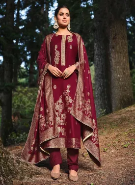 Belliza Red Pashmina Jacquard Unstitched Winter Suit Dress Material