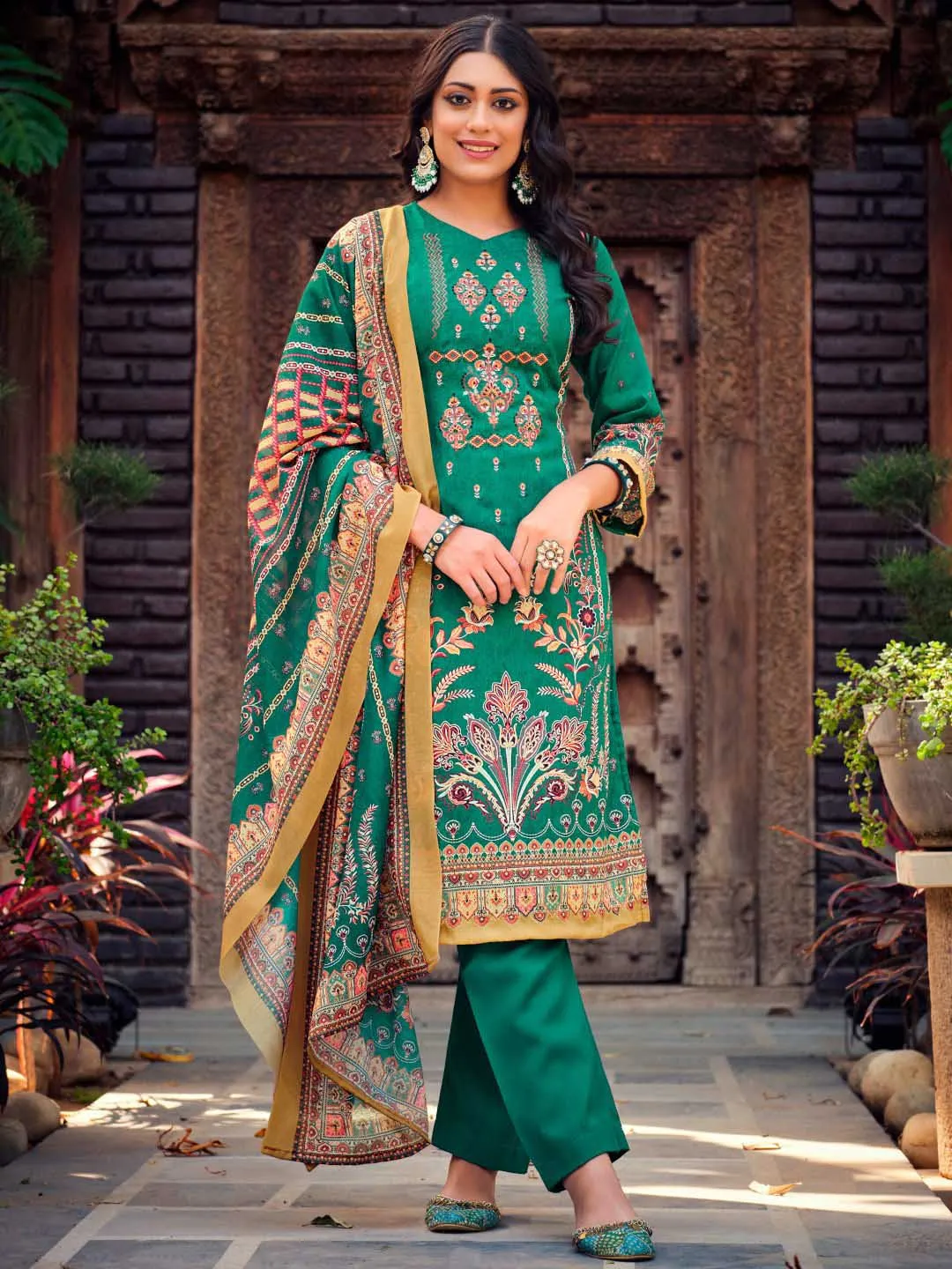 Belliza Unstitched Women Pakistani Print Cotton Suits Set Green