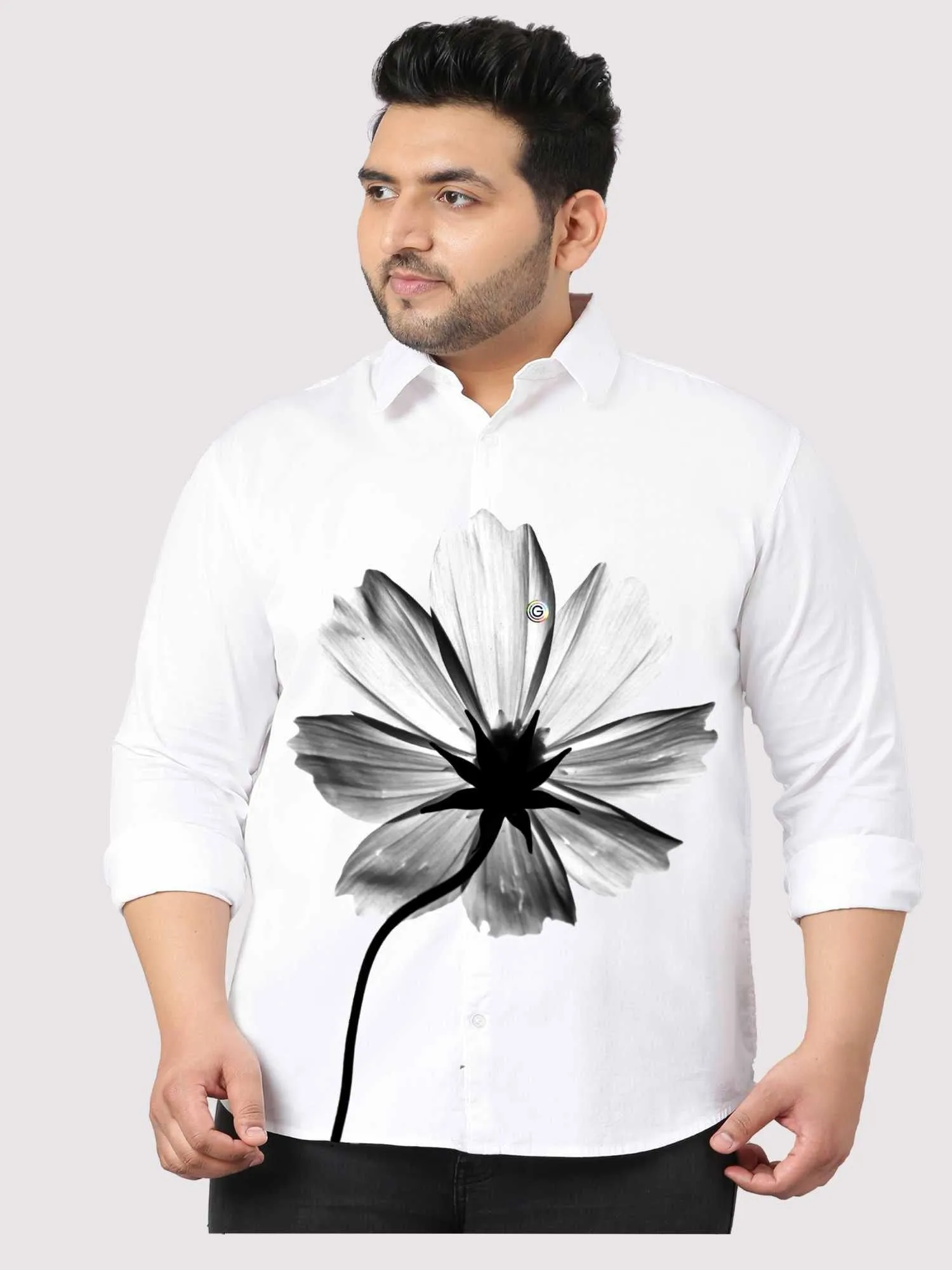 Black Cosmos Flower Printed White Shirt Men's Plus Size