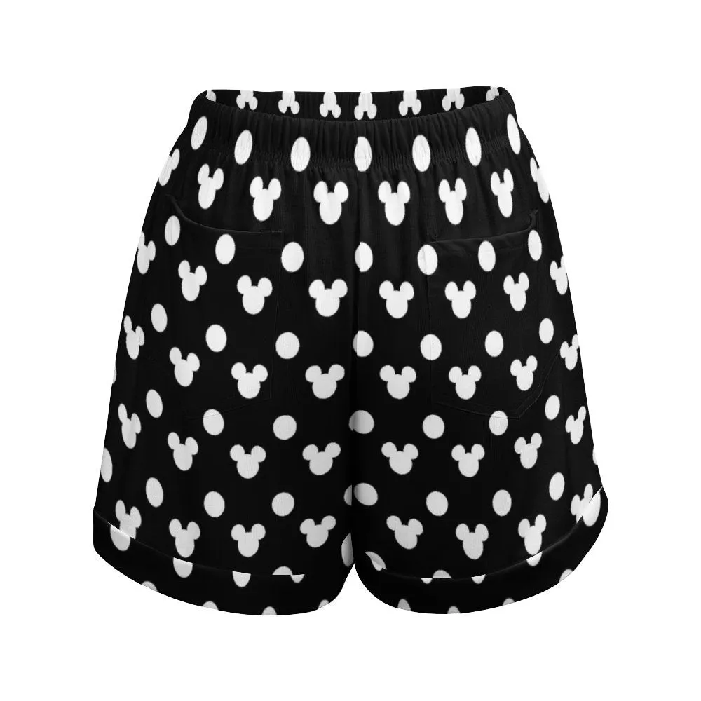 Black With White Mickey Polka Dots Women's High-Waisted Loose Shorts With Pockets