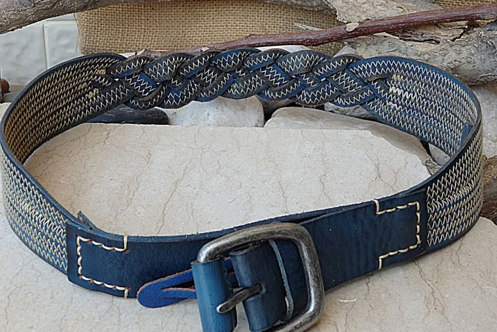 Blue leather belt.