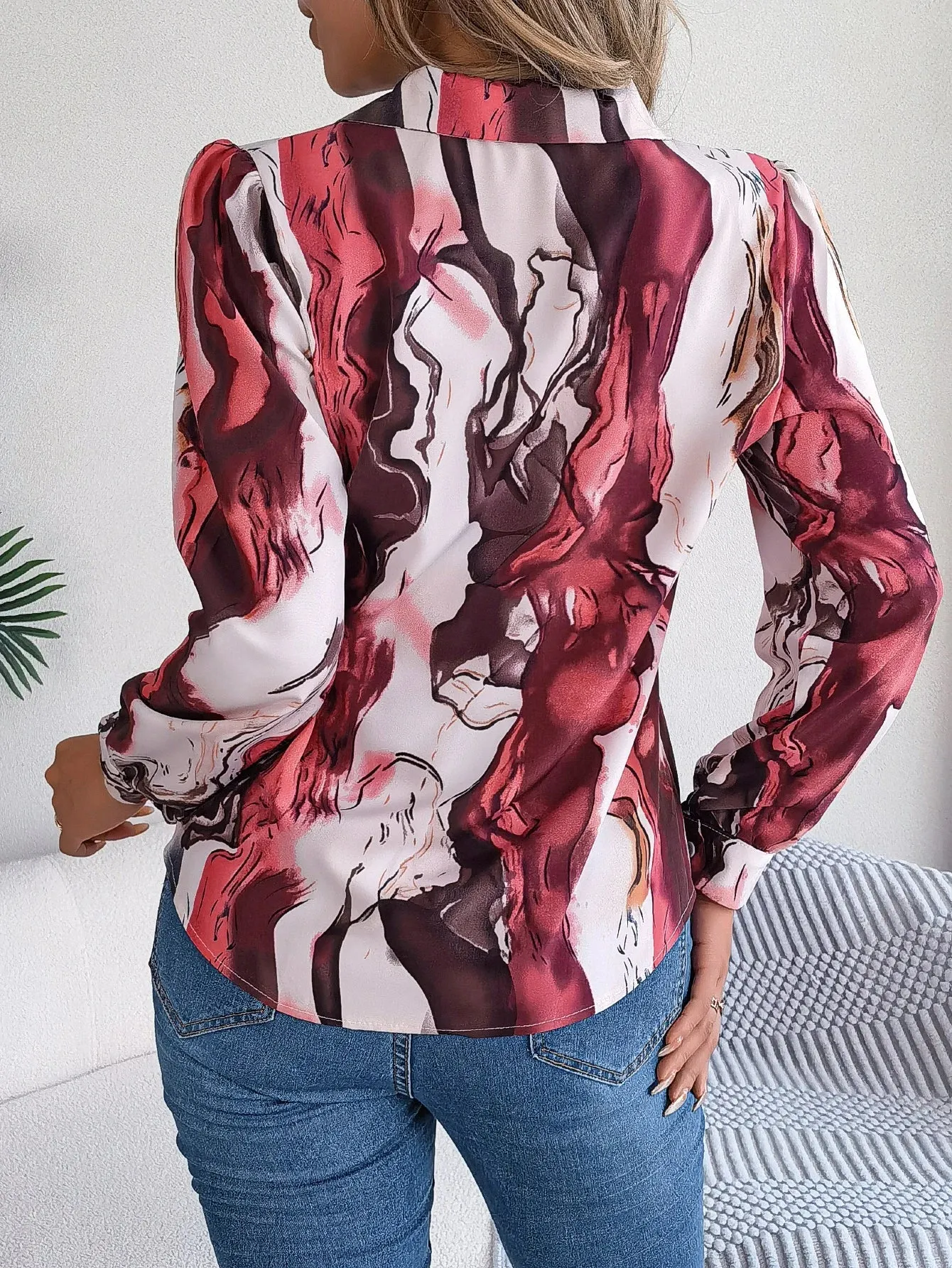 Collar Long Button Print Sleeve Women's Casual Notch Over All Blouse