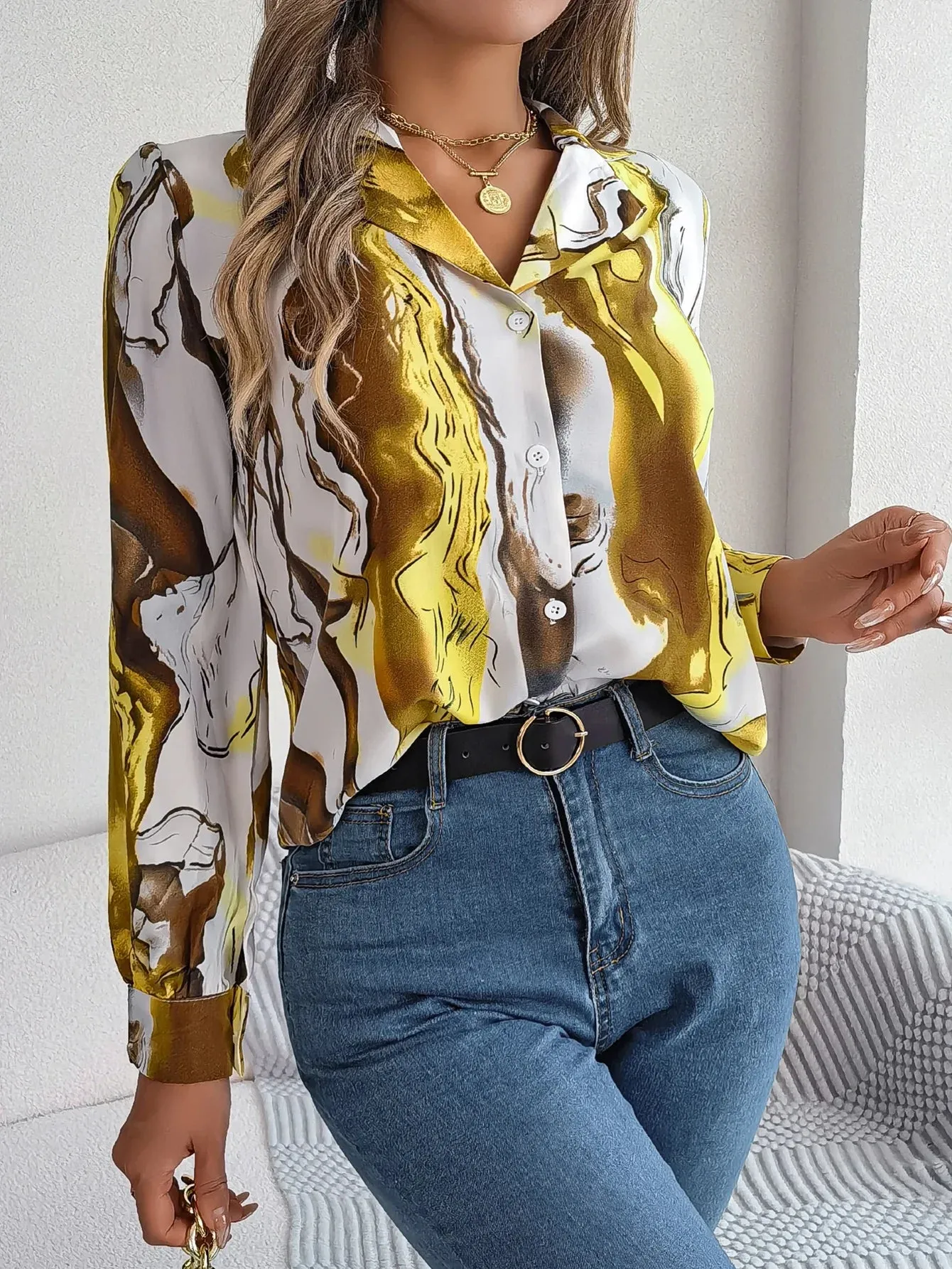 Collar Long Button Print Sleeve Women's Casual Notch Over All Blouse