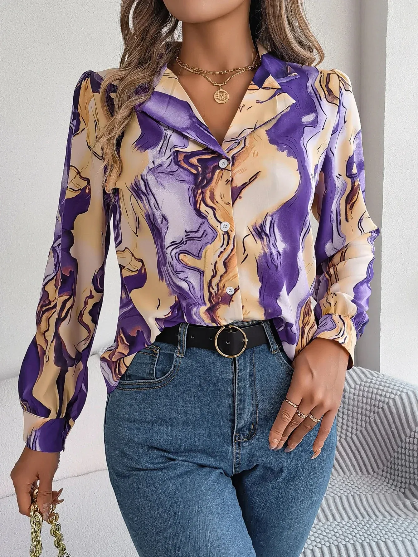 Collar Long Button Print Sleeve Women's Casual Notch Over All Blouse