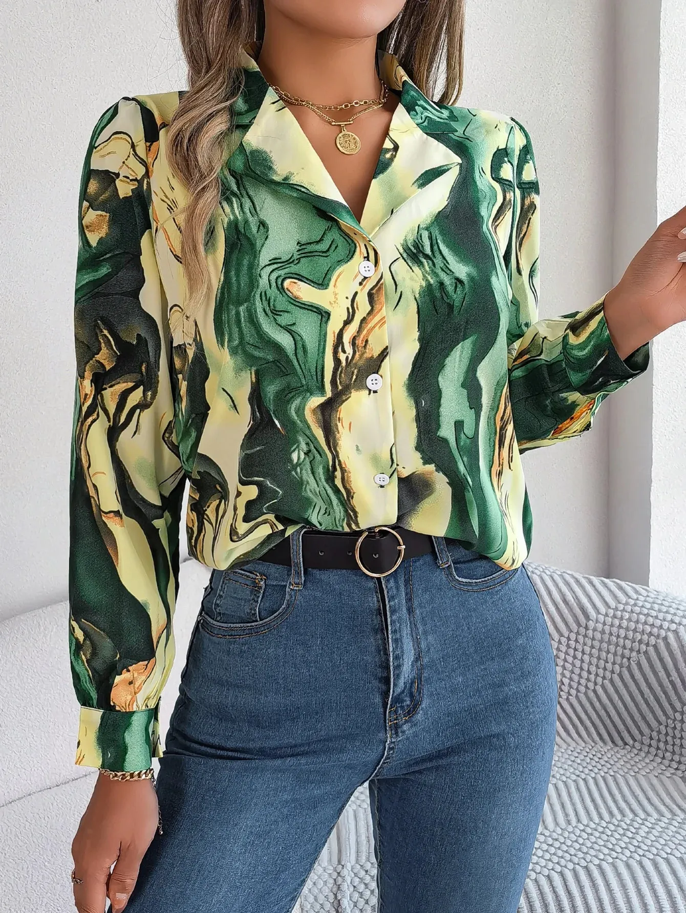 Collar Long Button Print Sleeve Women's Casual Notch Over All Blouse