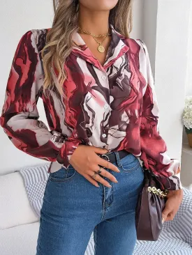 Collar Long Button Print Sleeve Women's Casual Notch Over All Blouse