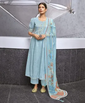 Cotton Blue Unstitched Suit Material With Chiffon Dupatta