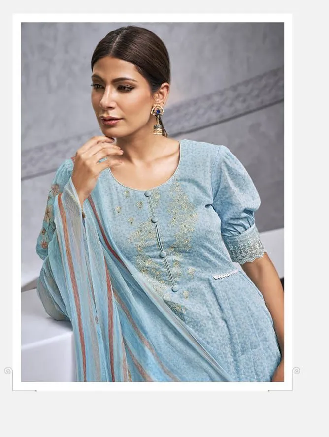 Cotton Blue Unstitched Suit Material With Chiffon Dupatta