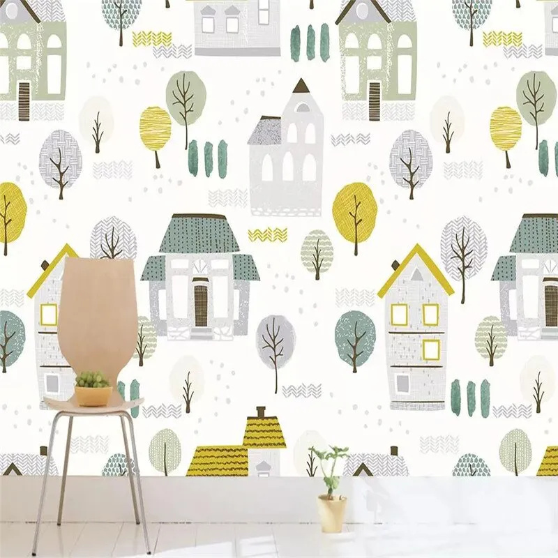 Custom Wallpaper Mural Cartoon Trees and Houses (㎡)