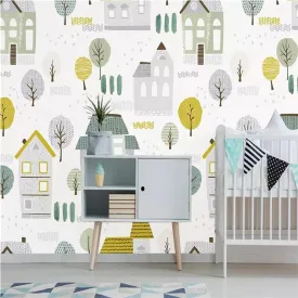 Custom Wallpaper Mural Cartoon Trees and Houses (㎡)