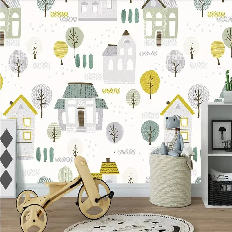 Custom Wallpaper Mural Cartoon Trees and Houses (㎡)