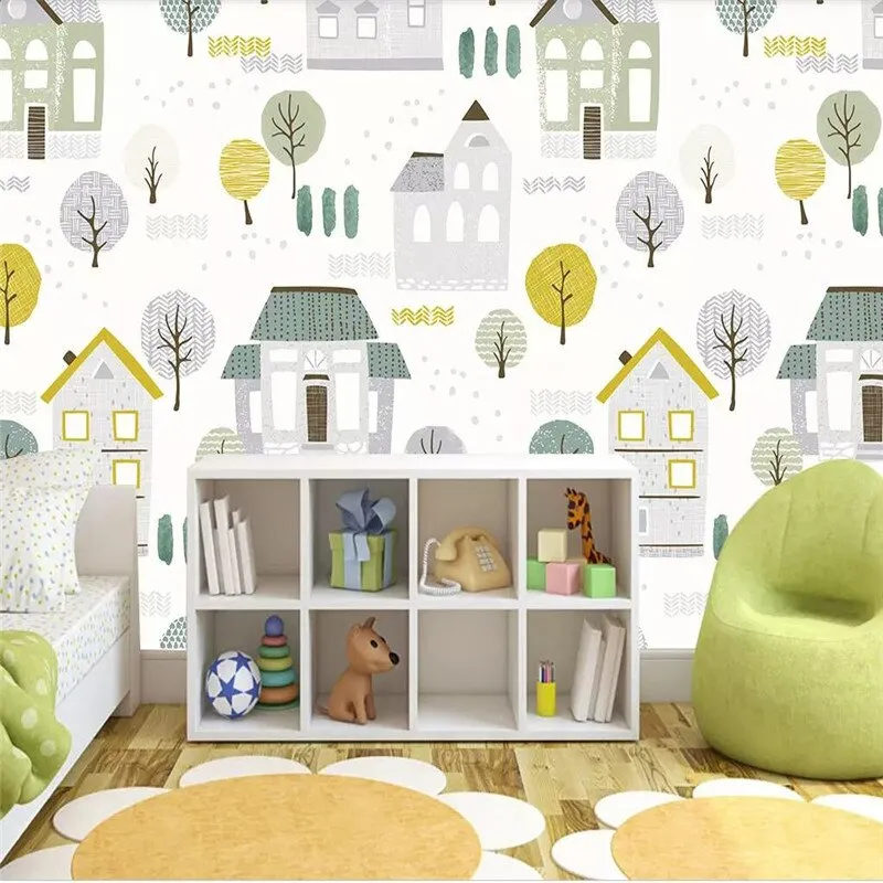 Custom Wallpaper Mural Cartoon Trees and Houses (㎡)