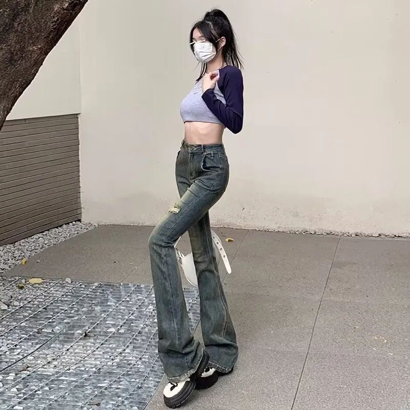 deanwangkt Micro Flared Pants, Spring And Autumn Pants, High Waisted Jeans, Minimalist New Style, Fashionable Harajuku Women's Trend