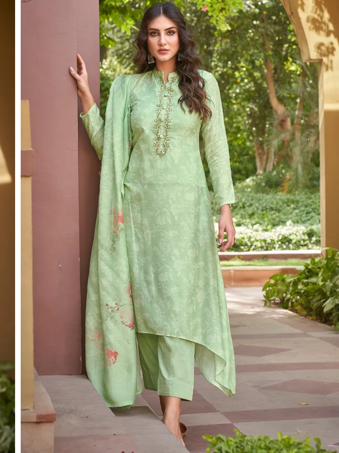 Embroidered Green Cotton Un-Stitched Salwar Suit Set