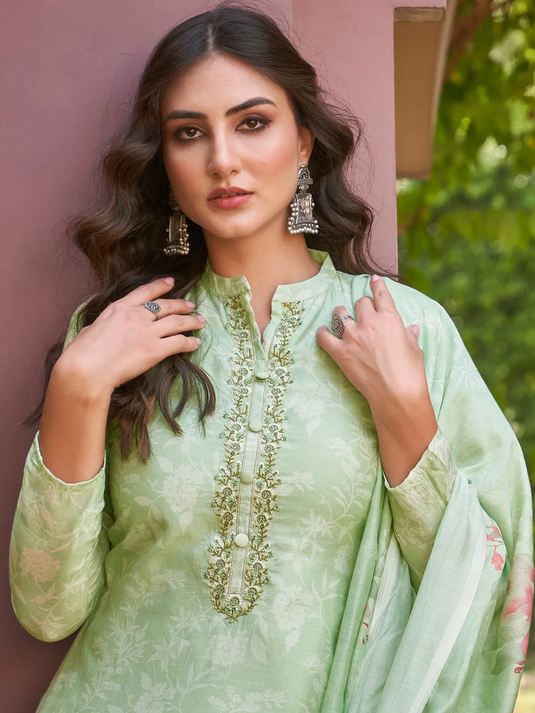 Embroidered Green Cotton Un-Stitched Salwar Suit Set