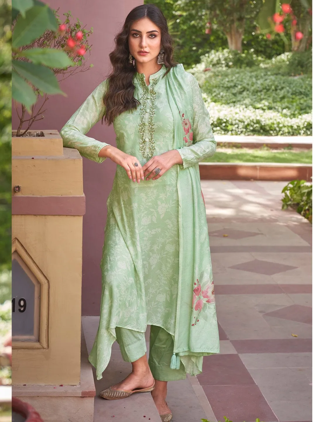 Embroidered Green Cotton Un-Stitched Salwar Suit Set