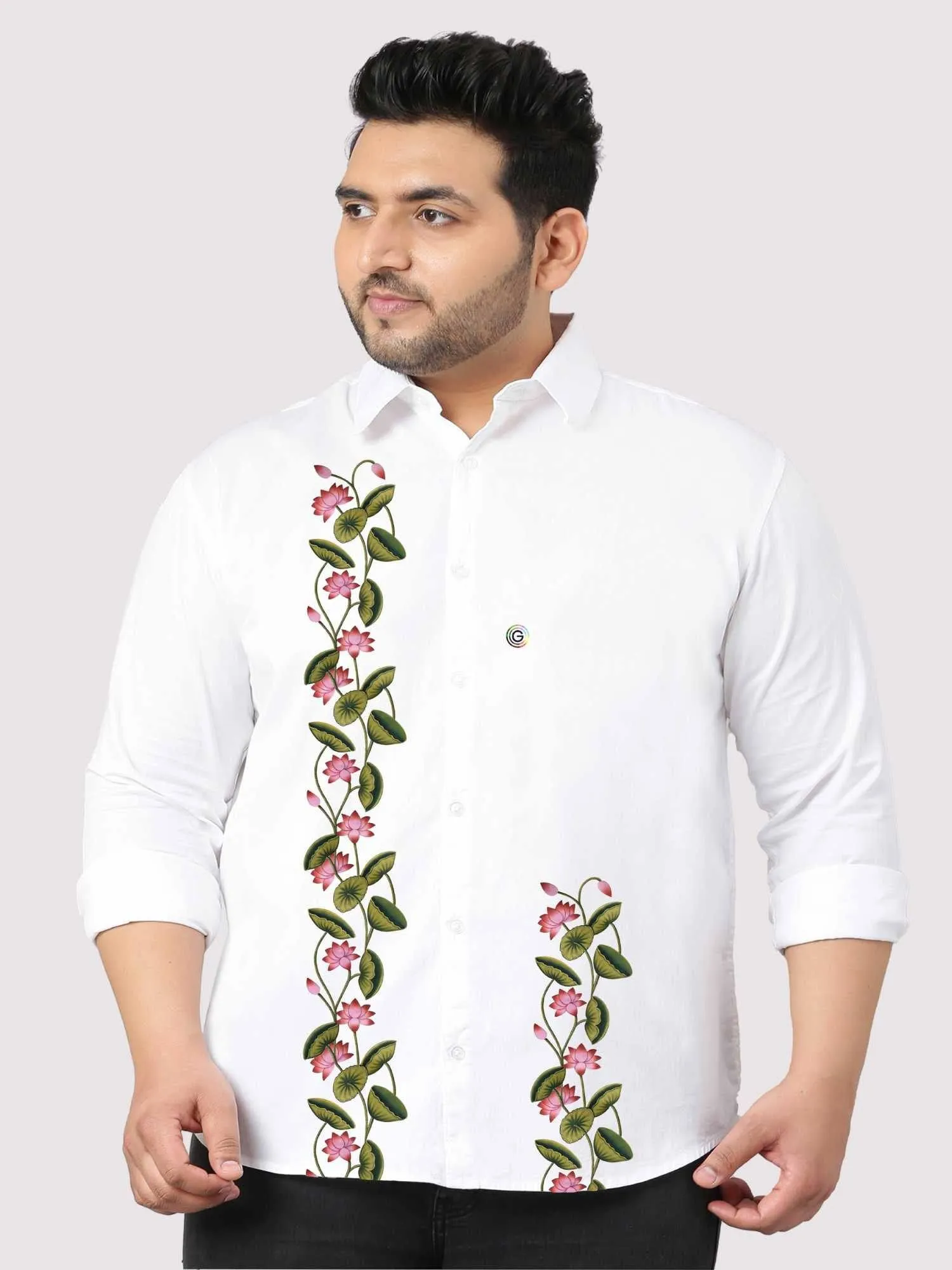 Flowers with Leaf Printed White Shirt Men's Plus Size