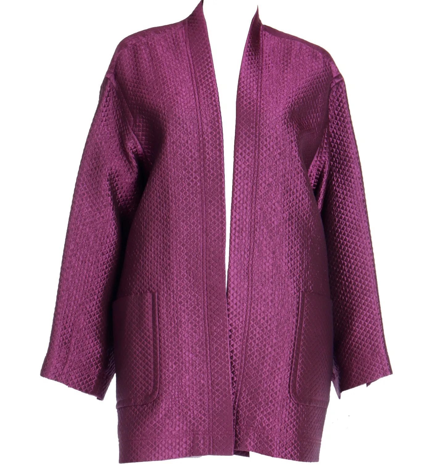 F/W 1990 Isaac Mizrahi Purple Quilted Silk Blend Open Front Jacket