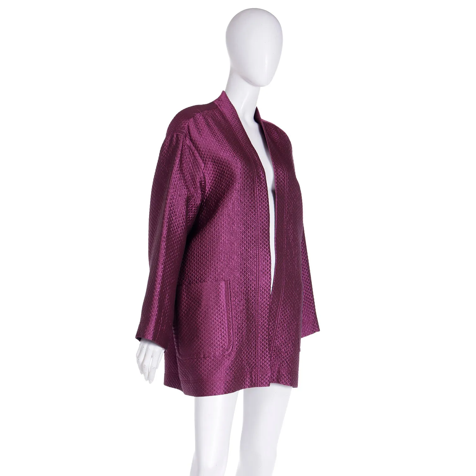 F/W 1990 Isaac Mizrahi Purple Quilted Silk Blend Open Front Jacket