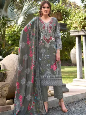 Grey Pakistani Print Unstitched Cotton Suit Material with Embroidery