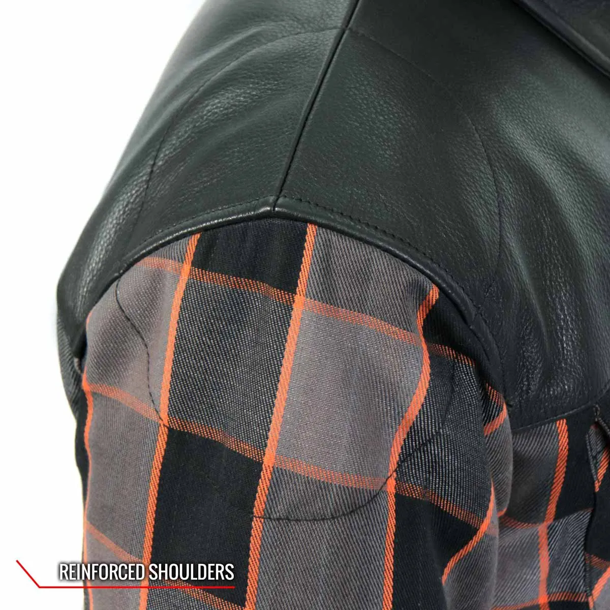 Hot Leathers JKM3202 Men's Grey Black and Orange Kevlar Reinforced Leather and Plaid Flannel Shirt