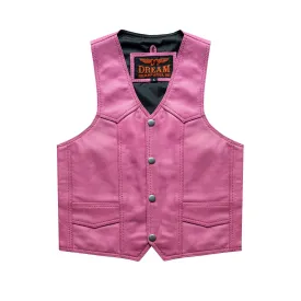 Kids Pink Leather Motorcycle Vest With Button Snap Closure