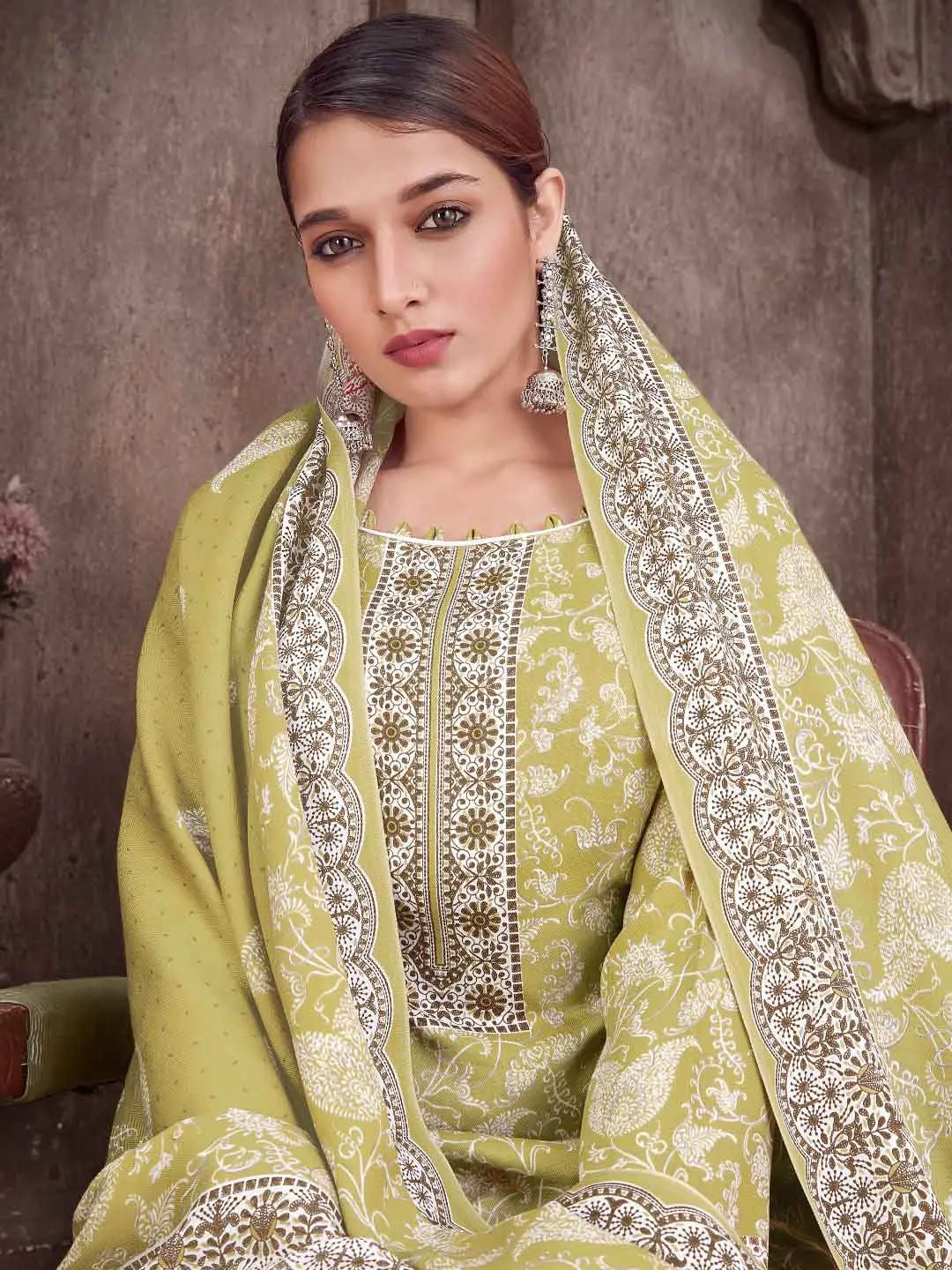 Lime Green Wool Pashmina Printed Unstitched Suit Set