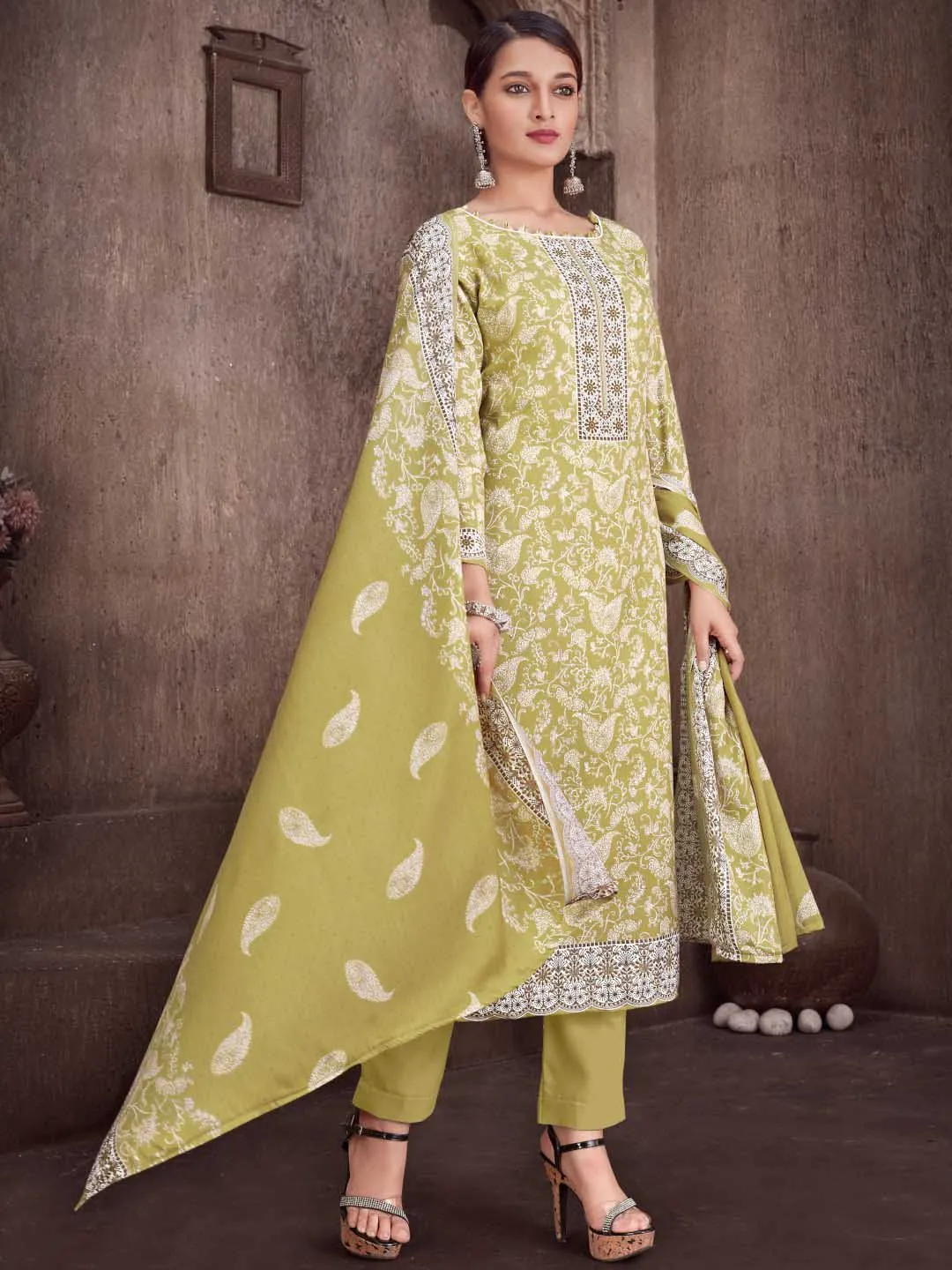 Lime Green Wool Pashmina Printed Unstitched Suit Set