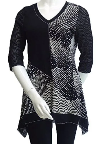 Lior Paris - Patchwork, Black & White Tunic, Asymmetric Hem, Trimmed V-Neck