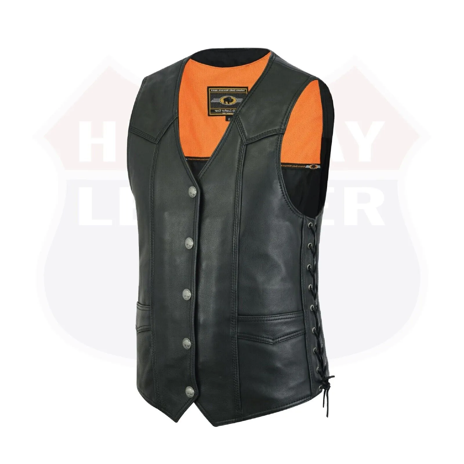 Men Motorcycle Leather Biker Vest Side Lace Pistol Pockets Patch Sew #HL11614NKD