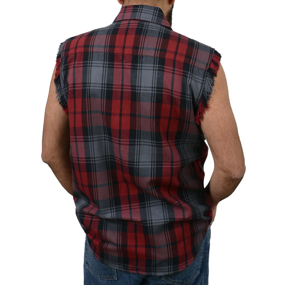 Milwaukee Leather MNG11696 Men’s Classic Black and Grey with Red Button-Down Flannel Cut Off Frayed Sleeveless Casual Shirt