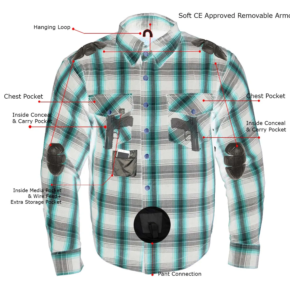 Milwaukee Leather MPM1631 Men's Plaid Flannel Biker Shirt with CE Approved Armor - Reinforced w/ Aramid Fiber