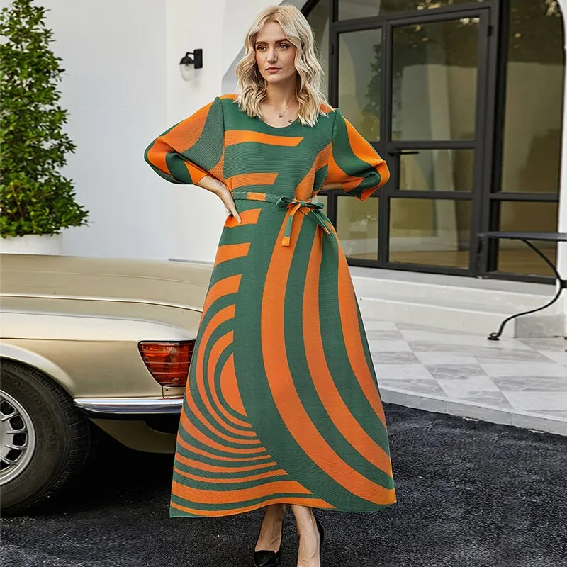 Miyake Pleated Striped Tie-Waist Maxi Dress