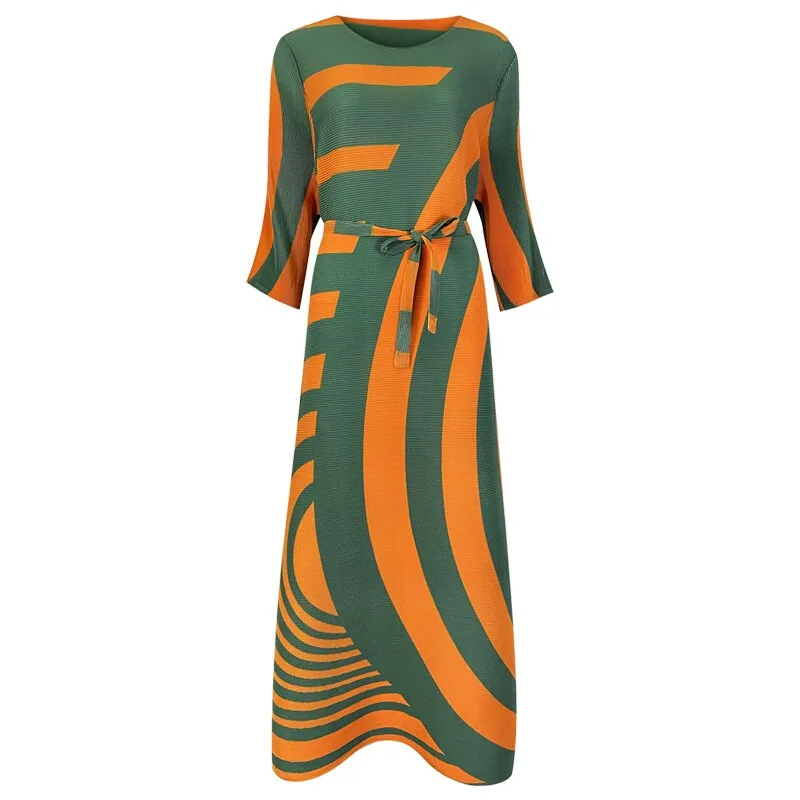 Miyake Pleated Striped Tie-Waist Maxi Dress