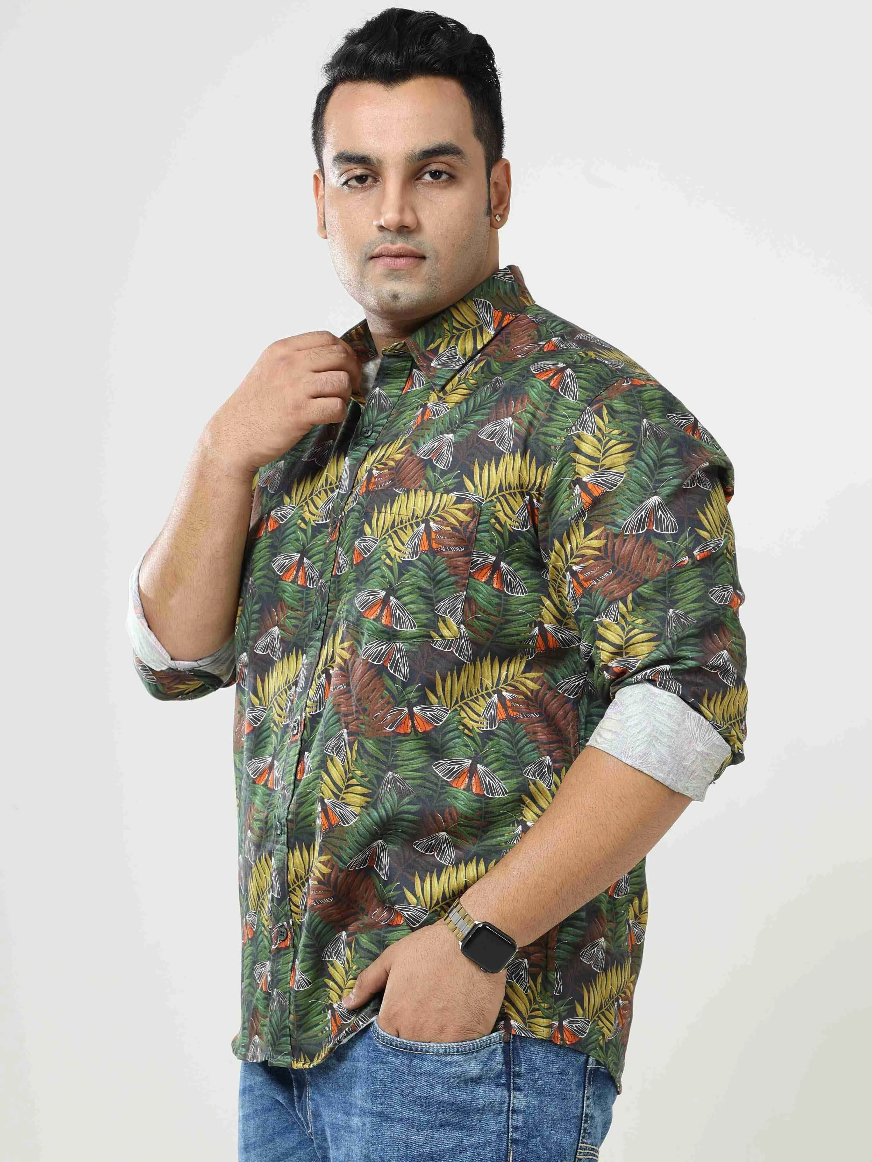 OAK Leaf Butterfly Printed Cotton Full Shirt Men's Plus Size