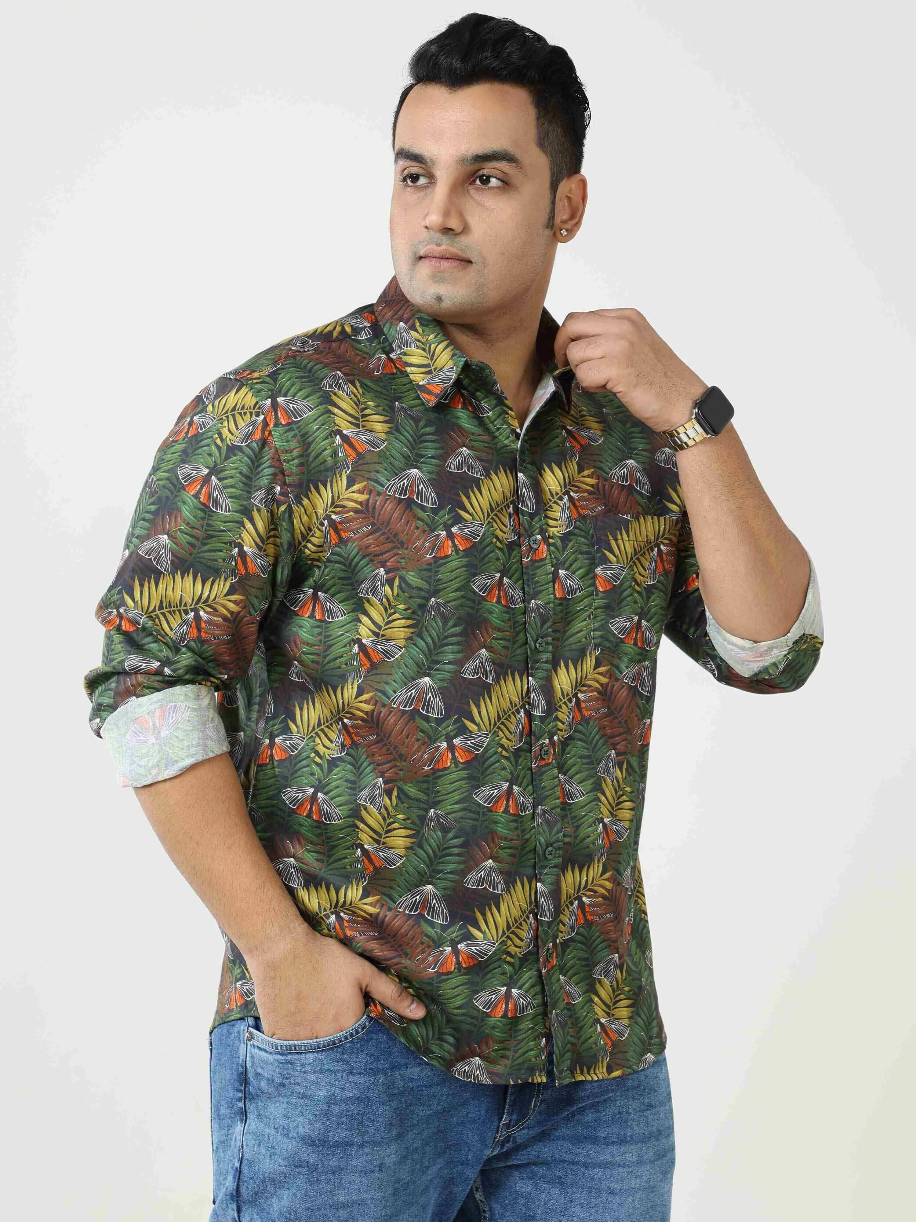 OAK Leaf Butterfly Printed Cotton Full Shirt Men's Plus Size