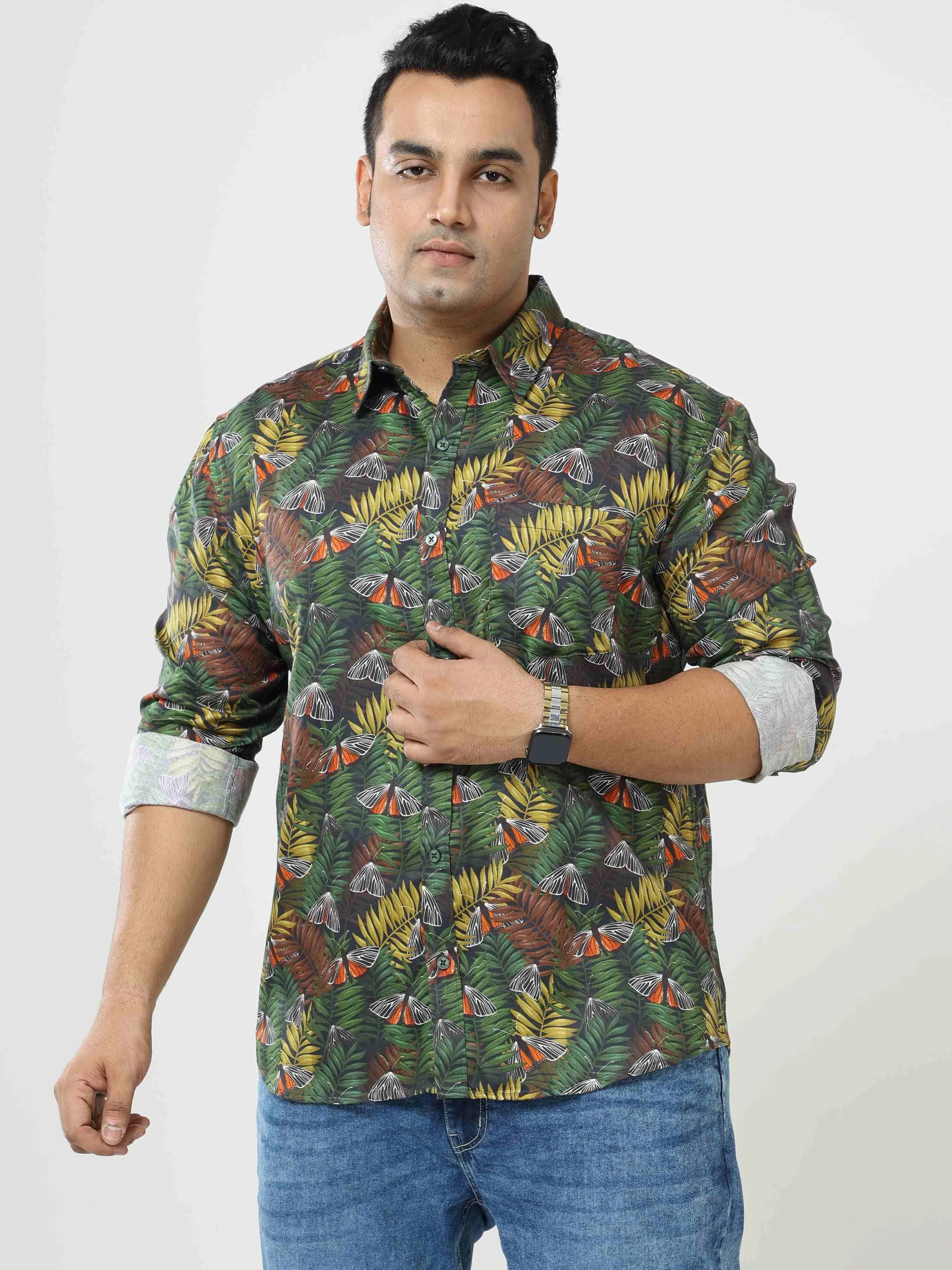 OAK Leaf Butterfly Printed Cotton Full Shirt Men's Plus Size