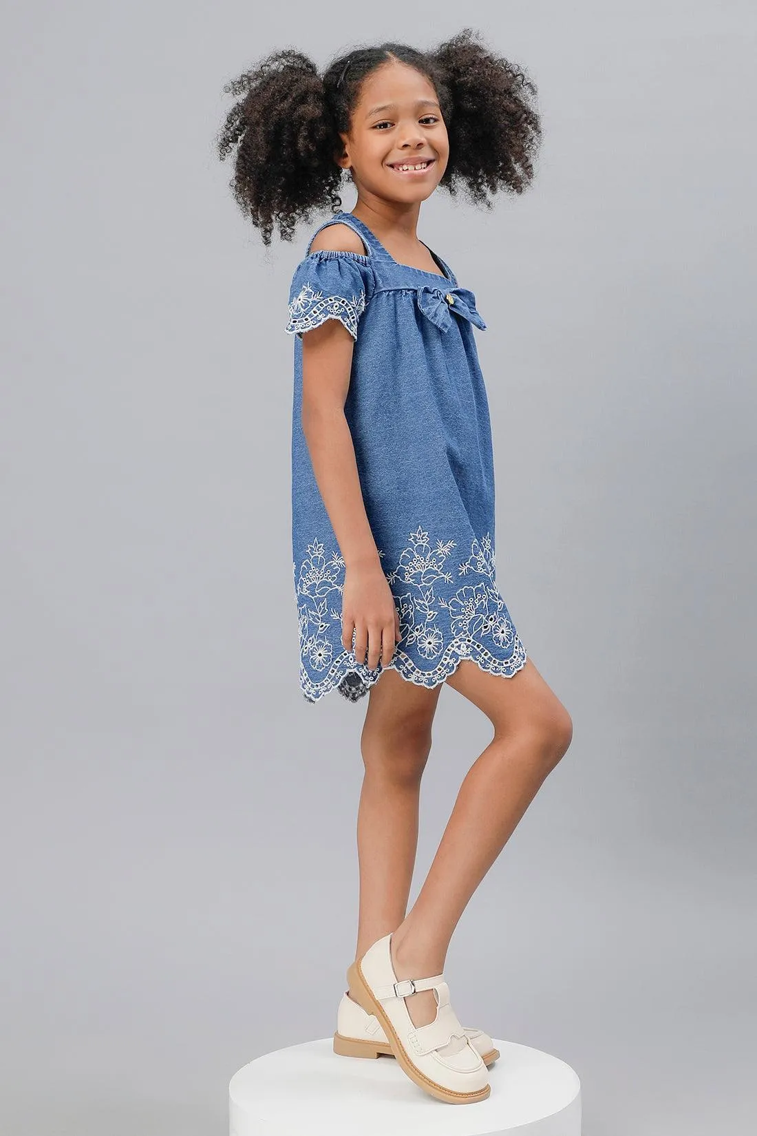 One Friday Girls Blue Cold-Shoulder Embroidered Dress