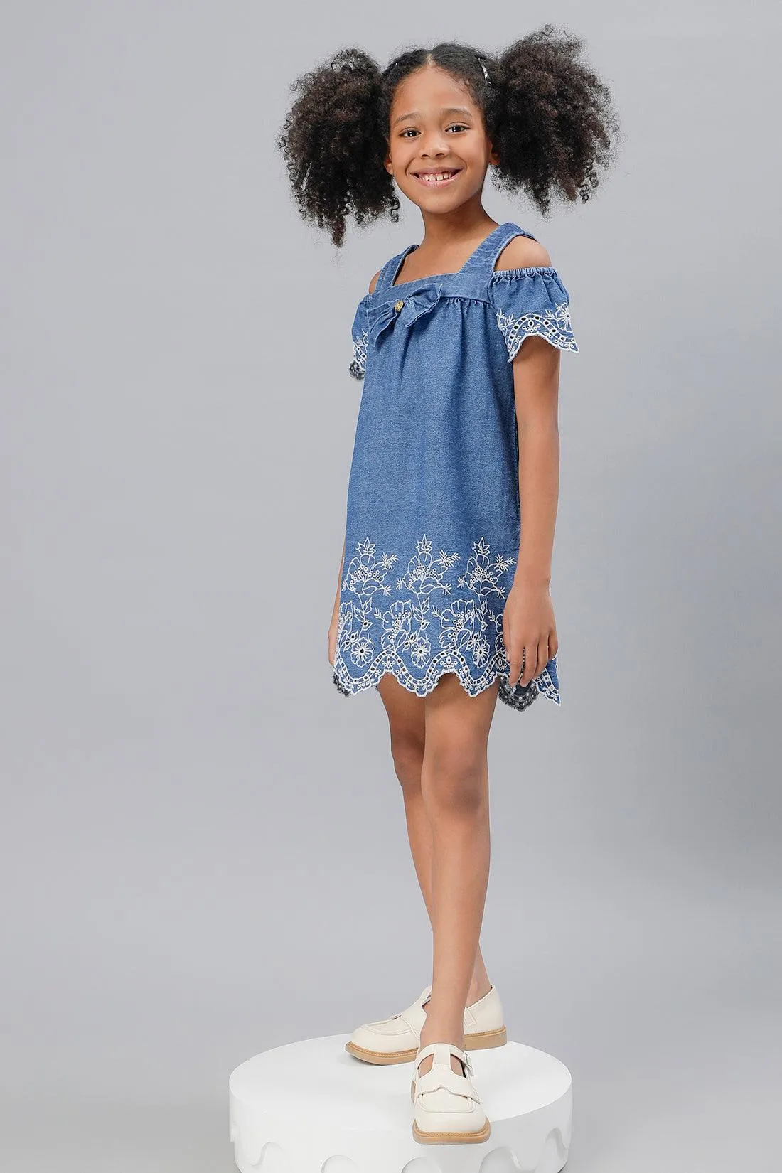 One Friday Girls Blue Cold-Shoulder Embroidered Dress