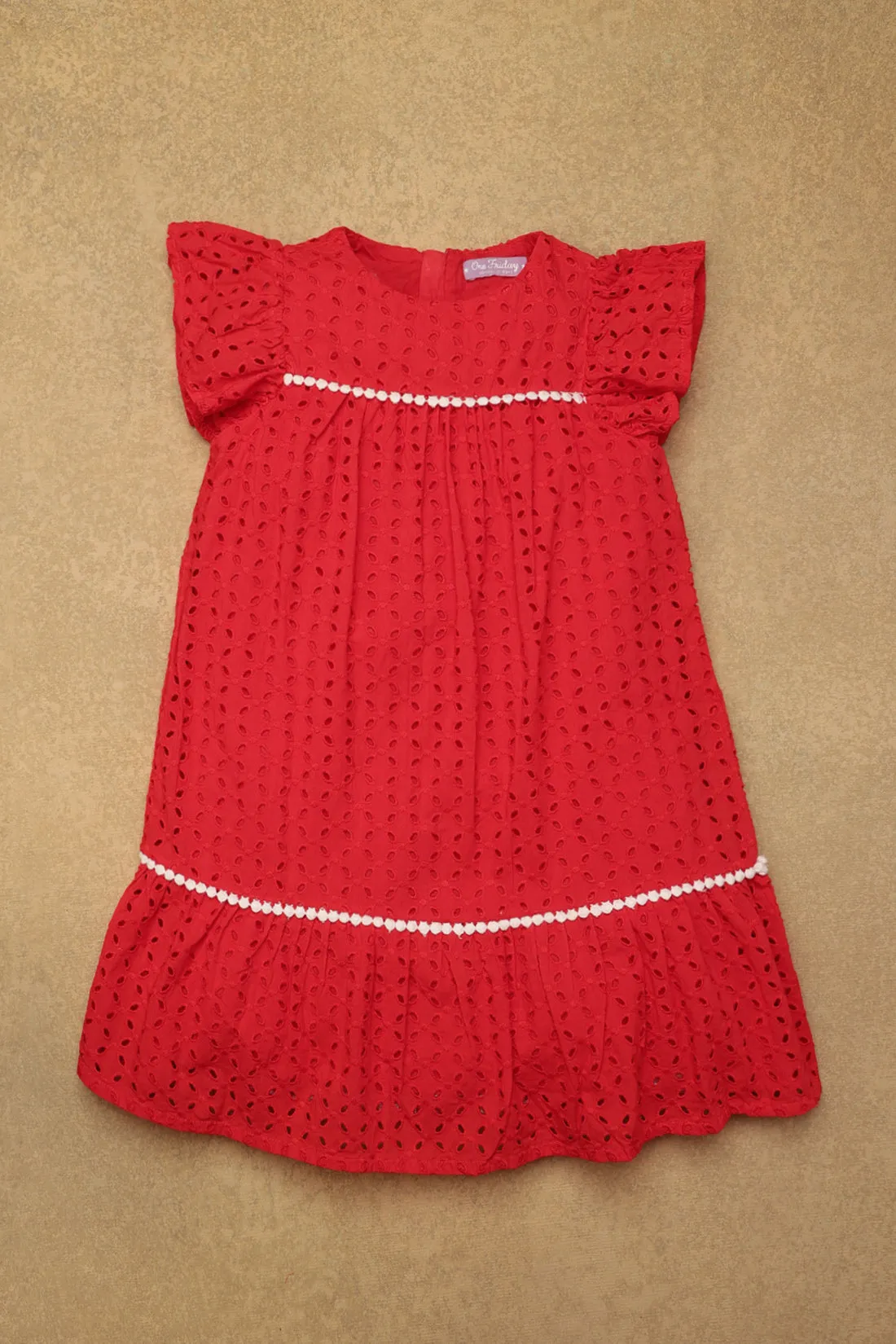 One Friday Girls Red Schiffli Cotton Dress