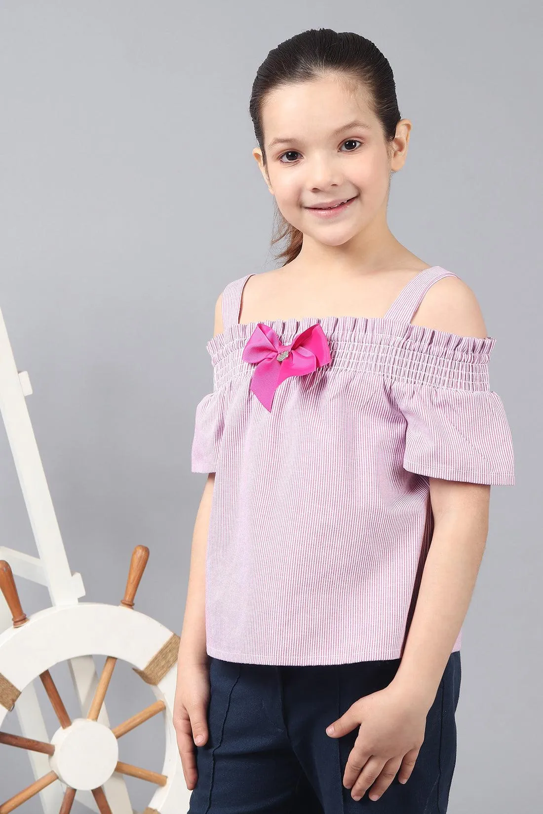 One Friday Kids Girls Pink Cotton Stripe Ruffle Sleeves Smocked Top