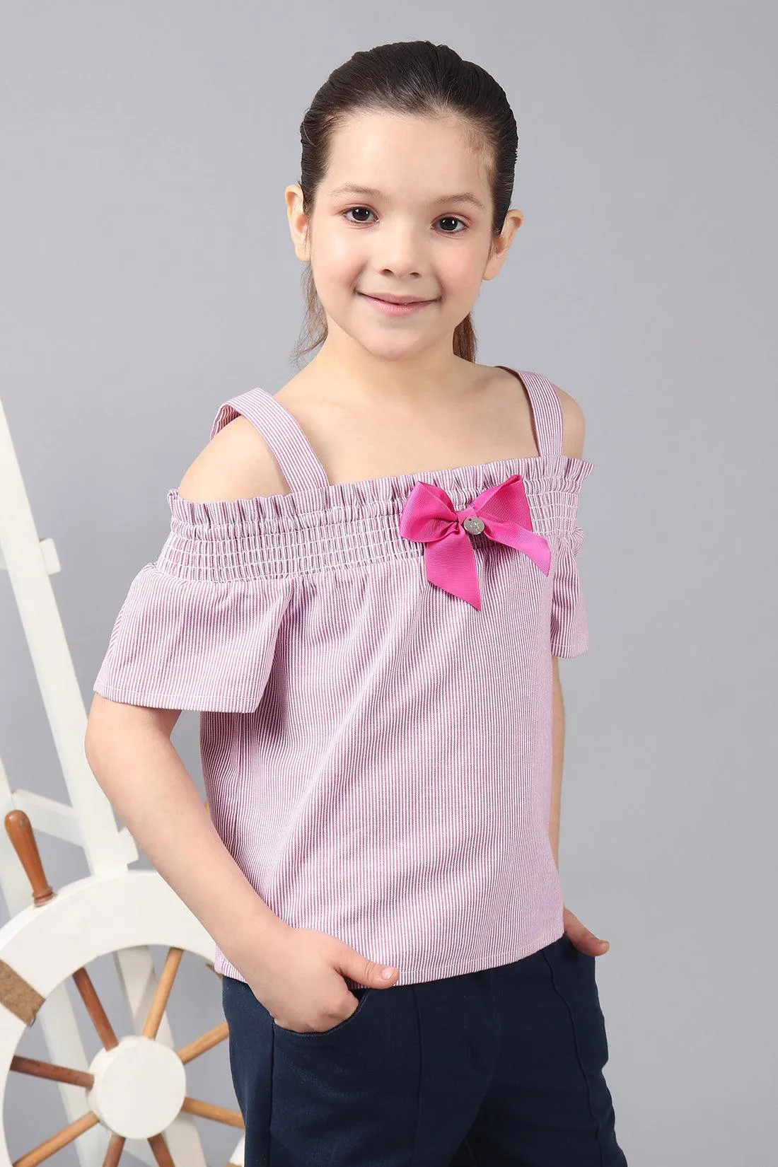 One Friday Kids Girls Pink Cotton Stripe Ruffle Sleeves Smocked Top