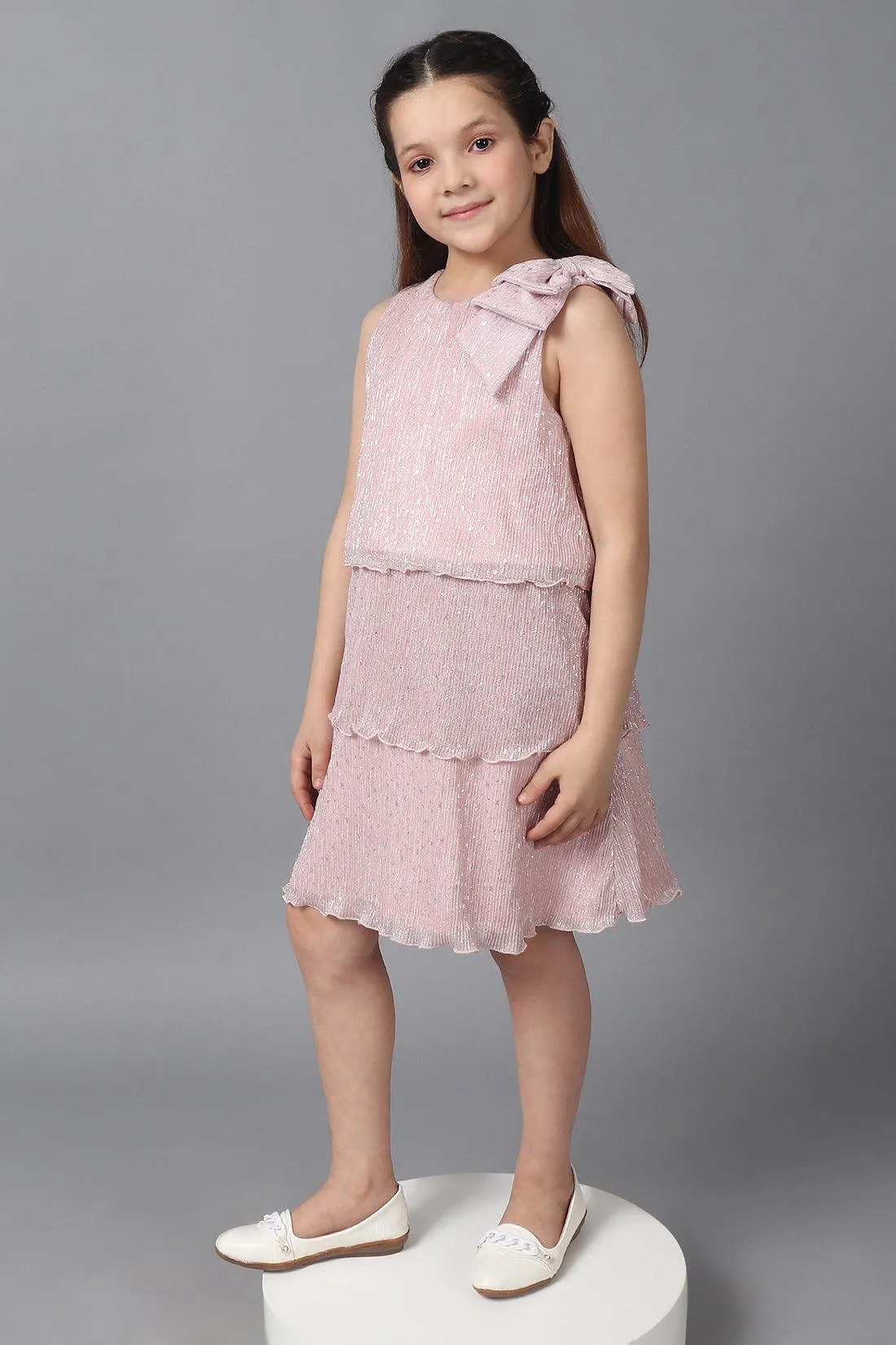 One Friday Kids Girls Pink Pleated Sleeveless Glitter Layered Dress