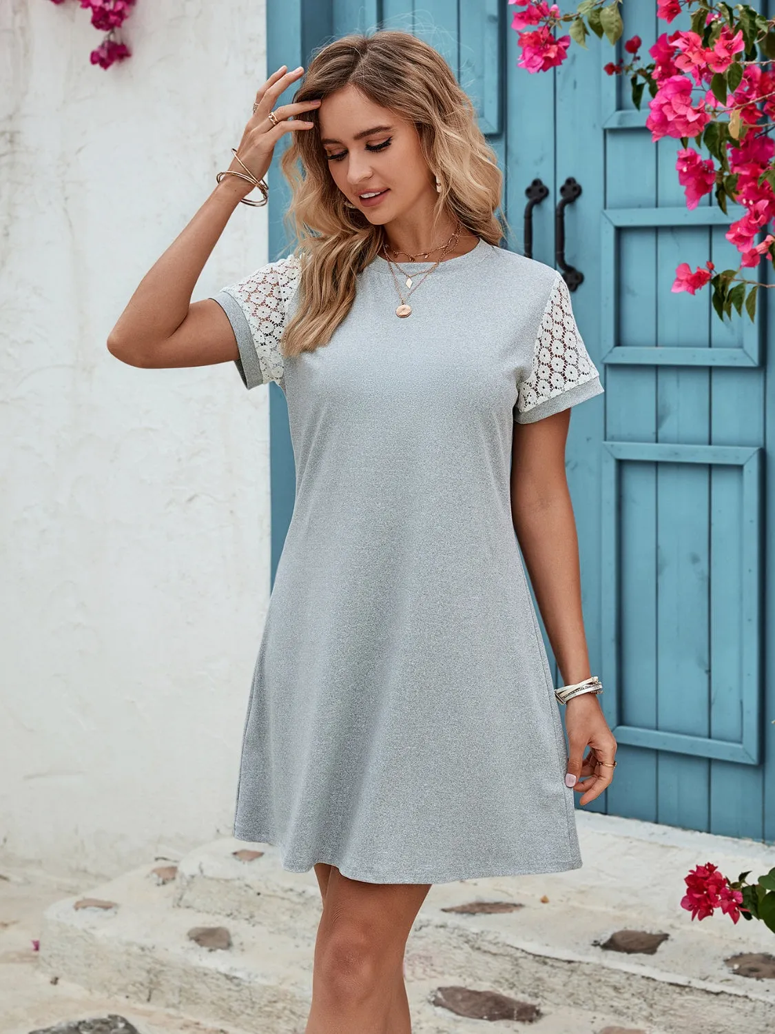 Openwork Round Neck Short Sleeve Dress